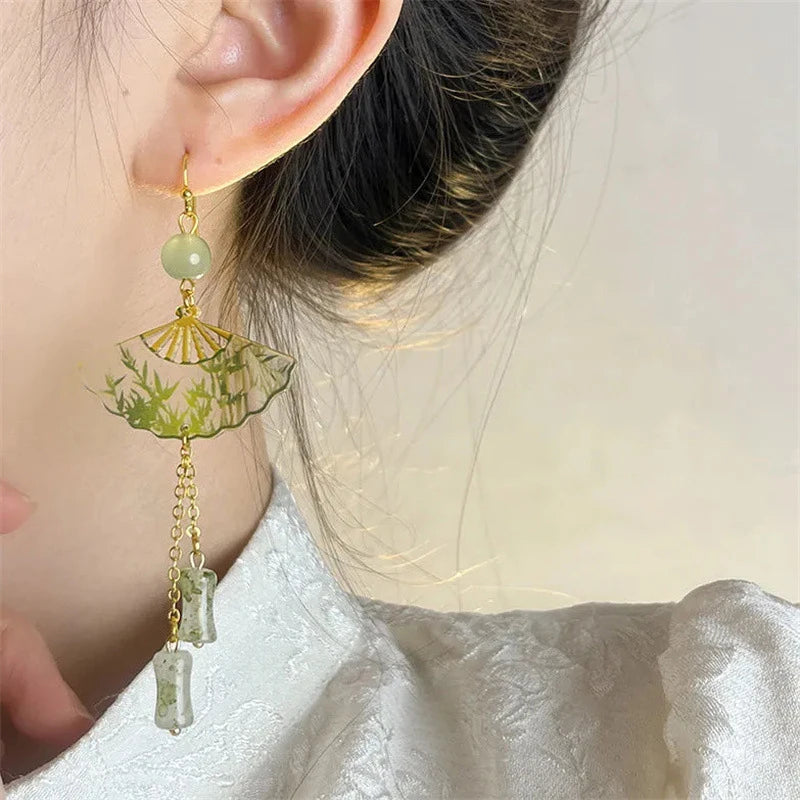 Chinese Fashion Earrings For Women Vintage Fan Shaped Acrylic Jewelry Creative Ethnic Gifts