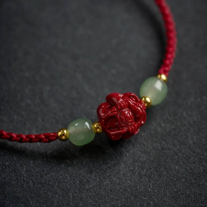 Natural Hetian Jade Transfer Bead Chinese Zodiac Cinnabar Bracelet Zodiac Year Lucky Red String Blessing Pendant Unisex Jewelry